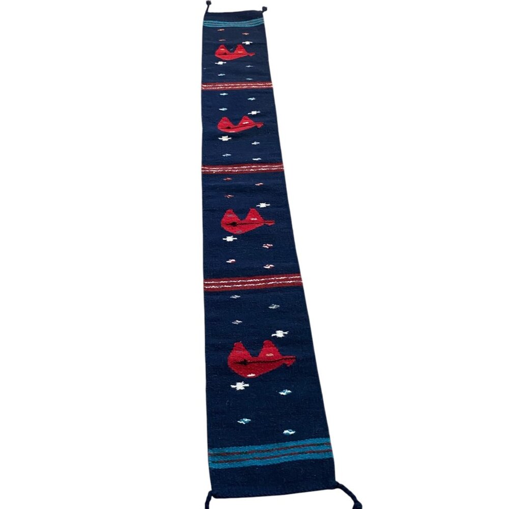 Handwoven Mexican ZAPOTEC Navy Wool Table Runner Red Bears Cloud Tassels 79"x10"